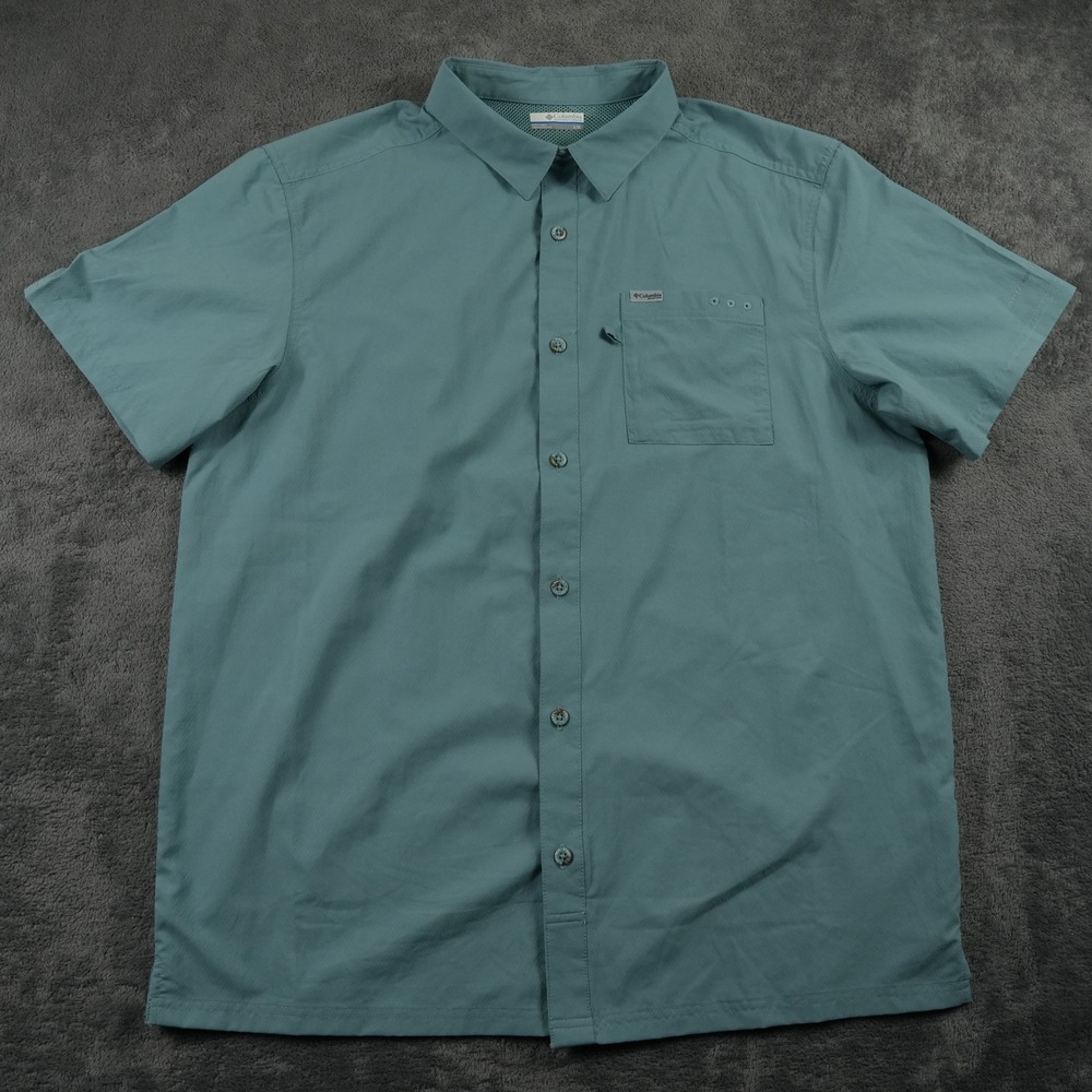 Columbia PFG Button Up Shirt Mens L Blue Green Omni-Shade Ripstop Vented Fishing - Picture 2 of 11